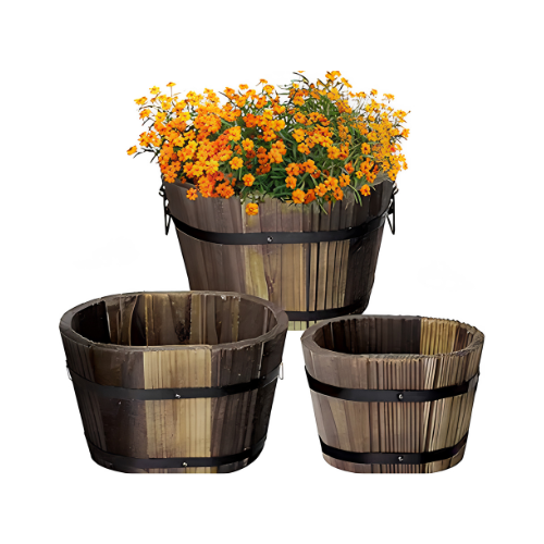 Planteer Pots 3-Pack Wooden Whiskey Barrel Planters Rustic Garden Set