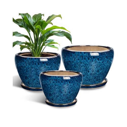 Planteer Pots 3-Pack Blue Ceramic Planters with Drainage Saucers